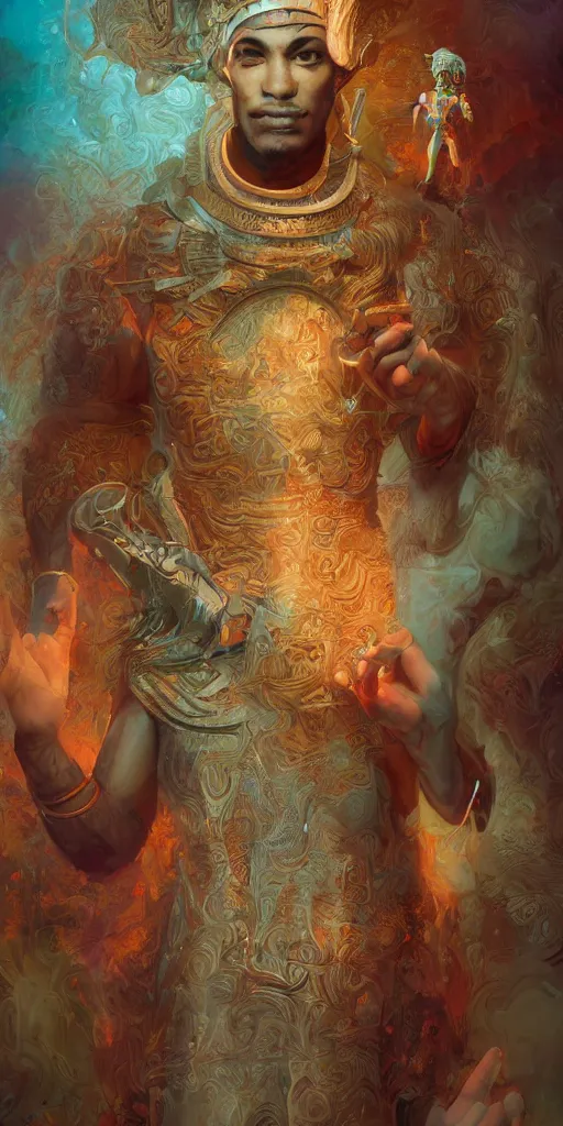 Image similar to Portrait of enlil sumerian god, holding a strobilus in his left hand, illustration, by James Jean, artgerm, octane render, by John Coltrane and Marc Simonetti, Manic, inspired by Greg rutkowski, colorful, high detail of the face, full body