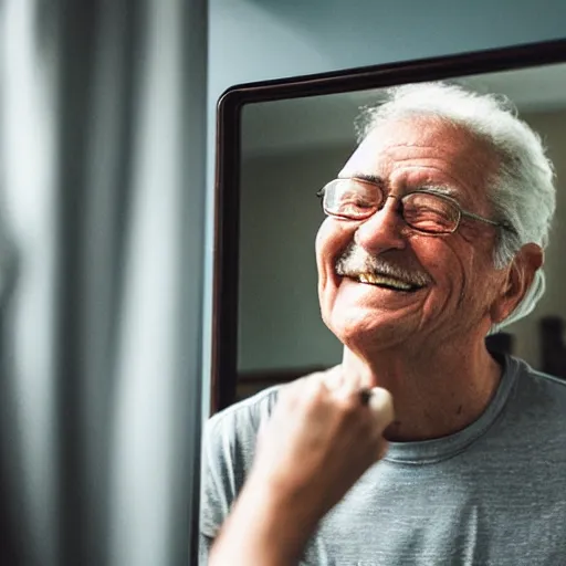 Prompt: a smiling old man seen through a mirror