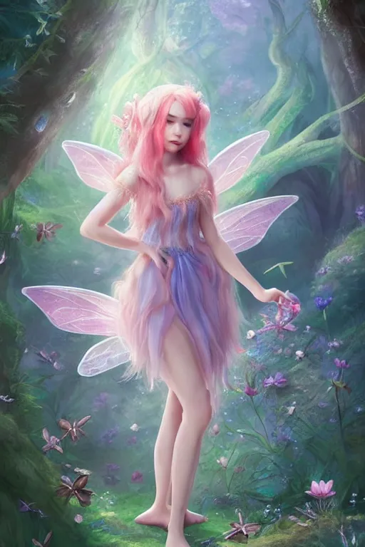 Image similar to a cute and geogerous fairy in the dreamy forest, fantasy, dreamlike, 8 k resolution, hyper detailed, d & d, character design, digital painting, trending on artstation, sharp focus, illustration, art by viktoria gavrilenko, hoang lap, fuji choko, steve zheng,