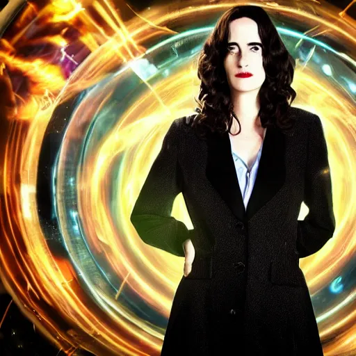 Image similar to a full body photograph of eva green as'doctor who ', time vortex in the background, detailed face, symmetrical face, extreme realism and detail, 8 k, completely framed, direct lighting, 3 5 mm photo, photorealistic, sharp focus
