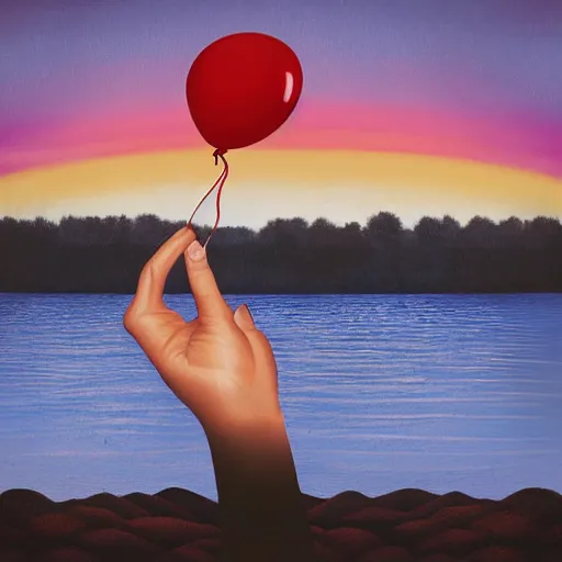 Image similar to album art of a hand holding a balloon coming out the water with a red sky by chris bilheimer, moody