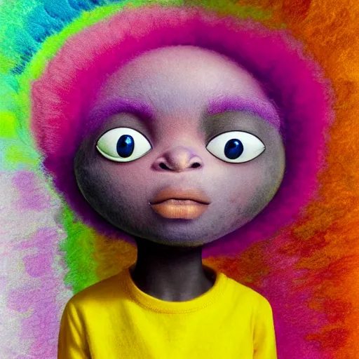 Prompt: a black girl with a colorful afro and cute! eyes sliding down a rainbow!, bright colors, watercolor, volumetric wool felting, macro photography, children illustration, by goro fujita