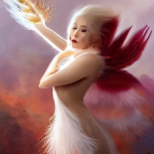 Prompt: prompt A beautiful head of a white red orange kumiho, translucent silky dress made of peacock tails, a bra made of peacock feathers, close up front view, long hair in the shape of clumpy fox tails, backlit, concept art, matte painting, trending on artstatioin, by Peter Mohrbacher