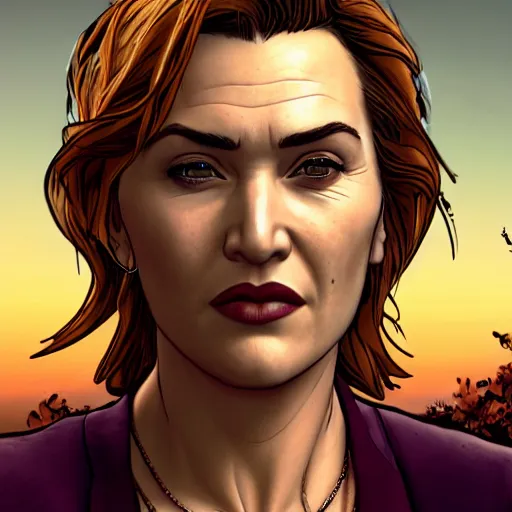 Image similar to kate winslet portrait, borderlands, tales from the borderlands, the wolf among us, comic, cinematic lighting, studio quality, 8 k