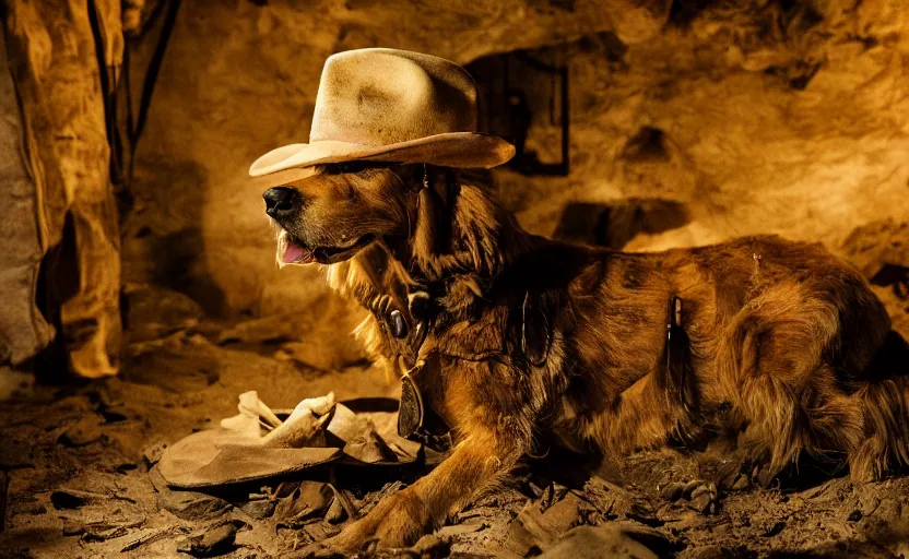 Image similar to a dirty golden retriever in a dark mine wearing a wild west hat and jacket with large piles of gold nuggets nearby, dim moody lighting, wooden supports, wall torches, cinematic style photograph