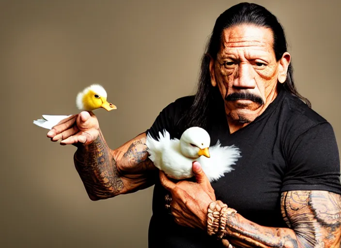 Image similar to photo still of danny trejo at the county fair!!!!!!!! at age 5 6 years old 5 6 years of age!!!!!!!! holding a baby duck he won, 8 k, 8 5 mm f 1. 8, studio lighting, rim light, right side key light