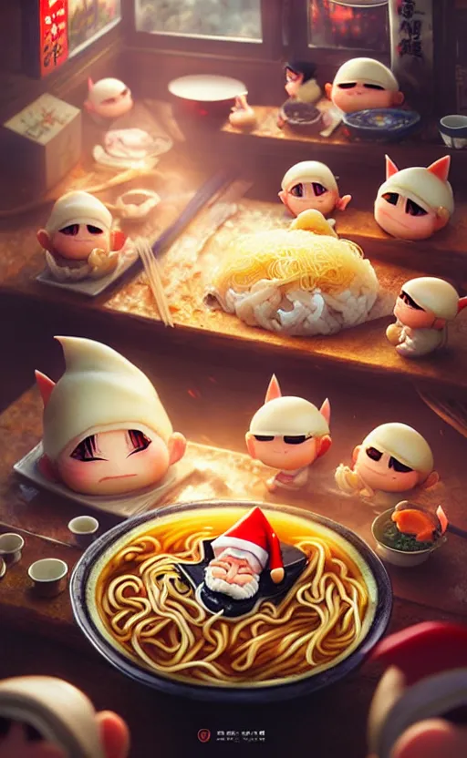 Image similar to kawaii anime gnomes asian noodles japanese ramen, wide angle shot by greg rutkowski