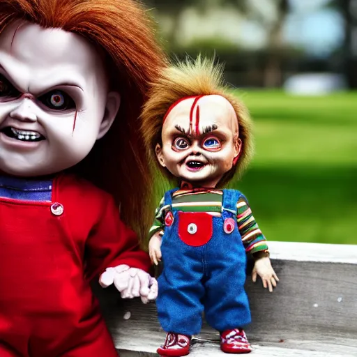 Image similar to chucky the killer doll standing on a park bench