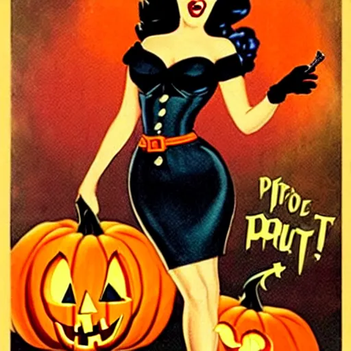 Prompt: a beautiful pinup vampire shopping for pumpkins, retro vintage pulp art movie poster,