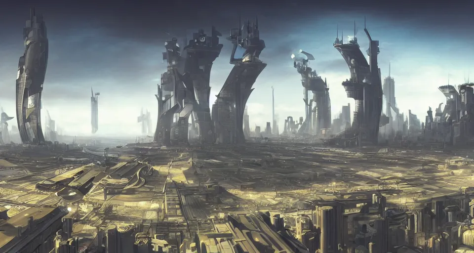 Prompt: view on futuristic city in the horizon, in style of dieselpunk, detailed, sharp, 8 k