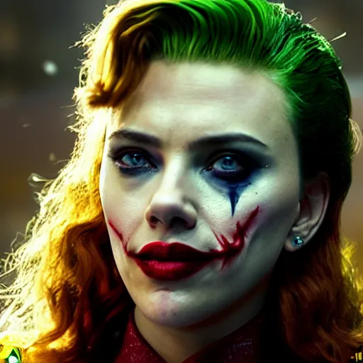 Image similar to stunning awe inspiring scarlett johansen as the joker, movie still 8 k hdr atmospheric lighting