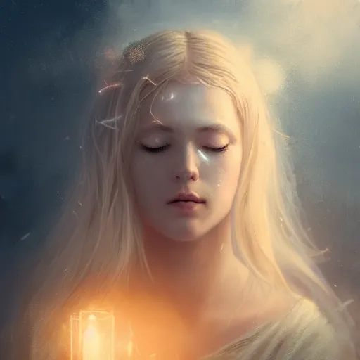 Image similar to Masterpiece portrait of an aesthetic beautiful realistic blond priestess, 30 years old woman, praying, cinematic light, digital painting by WLOP, atmospheric effects, fireflies, 4K, octane render, artstation, deviantart, close view