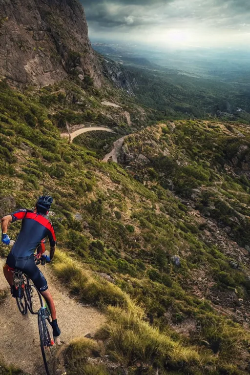 Image similar to A epic view of a cyclist looking at the greatest mountain bike trail ever, dramatic lighting, cinematic, establishing shot, extremely high detail, foto realistic, cinematic lighting, post processed, concept art, high details, cinematic, 8k resolution, beautiful detailed, photorealistic, digital painting, artstation, concept art, smooth, sharp focus, artstation trending, octane render, unreal engine