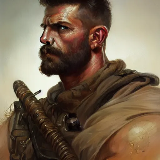 Prompt: portrait of a rugged ranger, muscular, upper body, blood, D&D, fantasy, intricate, elegant, highly detailed, digital painting, artstation, concept art, smooth, sharp focus, illustration, art by artgerm and greg rutkowski and alphonse mucha