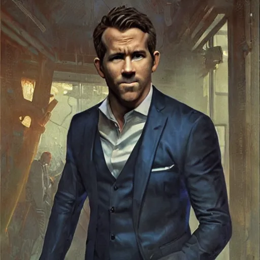 Image similar to ryan reynolds as spider - man, wearing a black and blue suit, cinematic, volumetric lighting, f 8 aperture, cinematic eastman 5 3 8 4 film, photorealistic by greg rutkowski, by stanley artgerm, by alphonse mucha