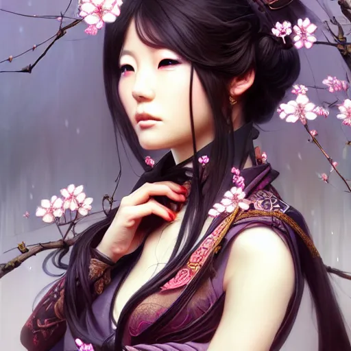 Image similar to Portrait of japanese gyaru, D&D, dark fantasy, sakura blooming on background, intricate, elegant, highly detailed, digital painting, artstation, concept art, smooth, sharp focus, illustration, art by artgerm and greg rutkowski and alphonse mucha