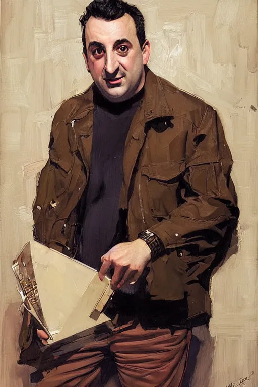 Image similar to mike stoklasa painting by jc leyendecker!! phil hale!, angular, brush strokes, painterly, vintage, crisp