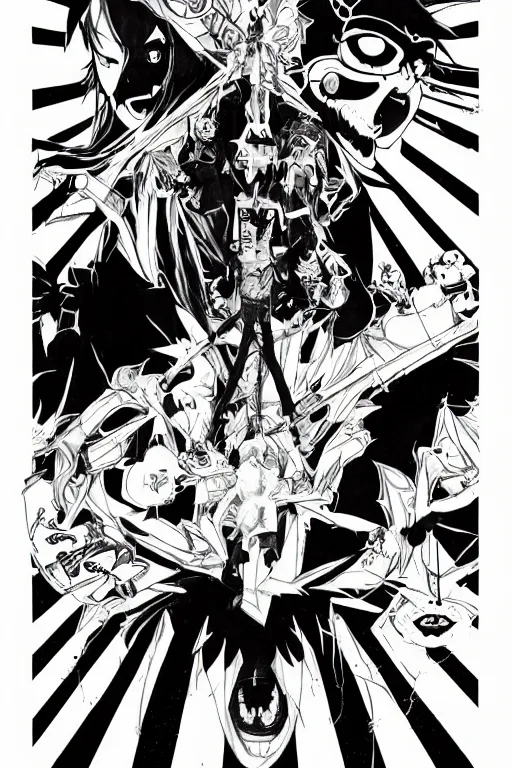 Prompt: studio gainax illustration, symmetry, the devil and god are raging inside me, epic composition, punk rock, junji ito, studio ghibli, studio trigger, orange and red, white and black, gods and demons