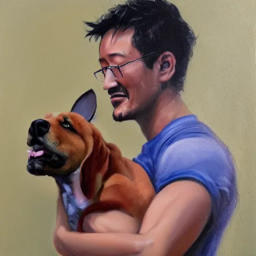 Prompt: Oil painting of weeping Markiplier holding his deceased dog in his arms, Greg Rutkowski, Tragic