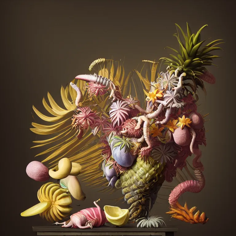 Image similar to still life of surreal alien pastel tropical flowers, surreal alien ribbed tropical fruit, white human spine, baroque painting, beautiful detailed intricate insanely detailed octane render, 8K artistic photography, photorealistic, chiaroscuro, Raphael, Caravaggio