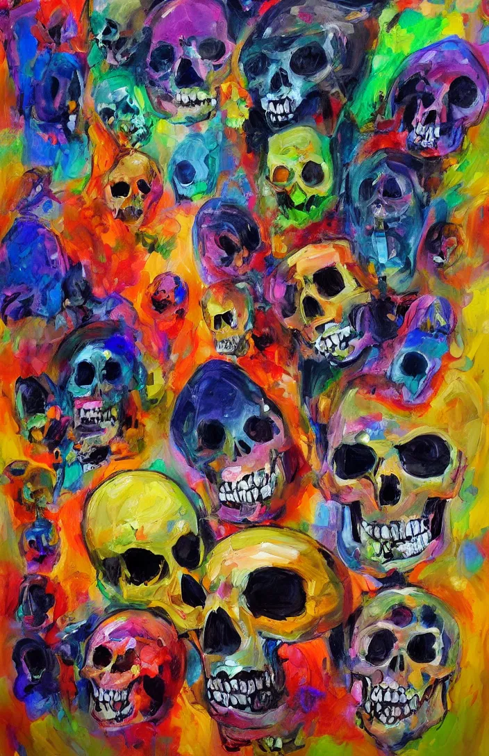 Prompt: the most intensely amazing abstract painting in the history of the universe, surreal gemstones and smiling skulls, it's happening baby