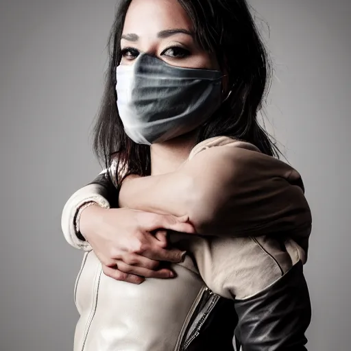 Image similar to Hot young woman, grey skin, void eyeballs, tattoos, wearing a leather jacket, hugging a shrouded and masked person to her chest concept art, 8k