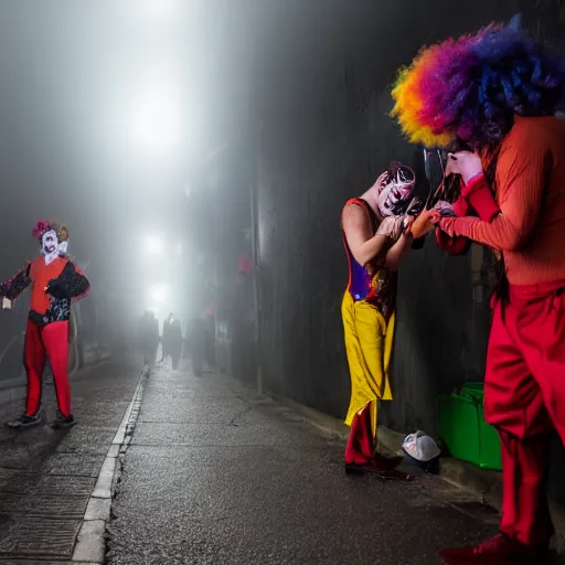 Image similar to a group of men dressed as clowns putting on makeup in a dark foggy alley