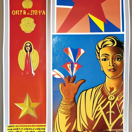 Image similar to portrait of a Colombian gold goddess, North Korean propaganda poster and Soviet propaganda poster and American propaganda poster