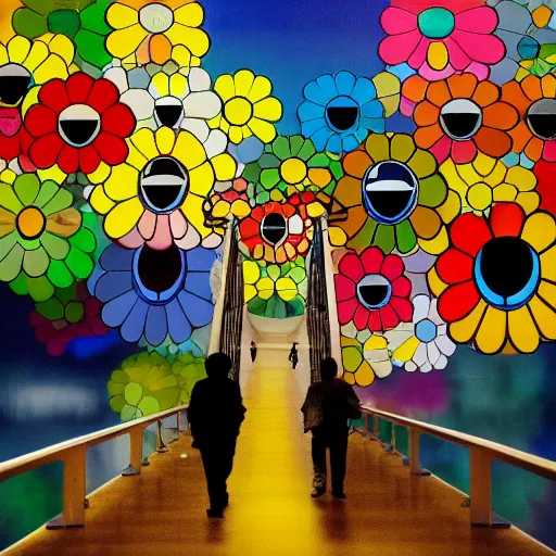 Image similar to man walking across bridge, bright colors, Takashi Murakami, Minimalist,