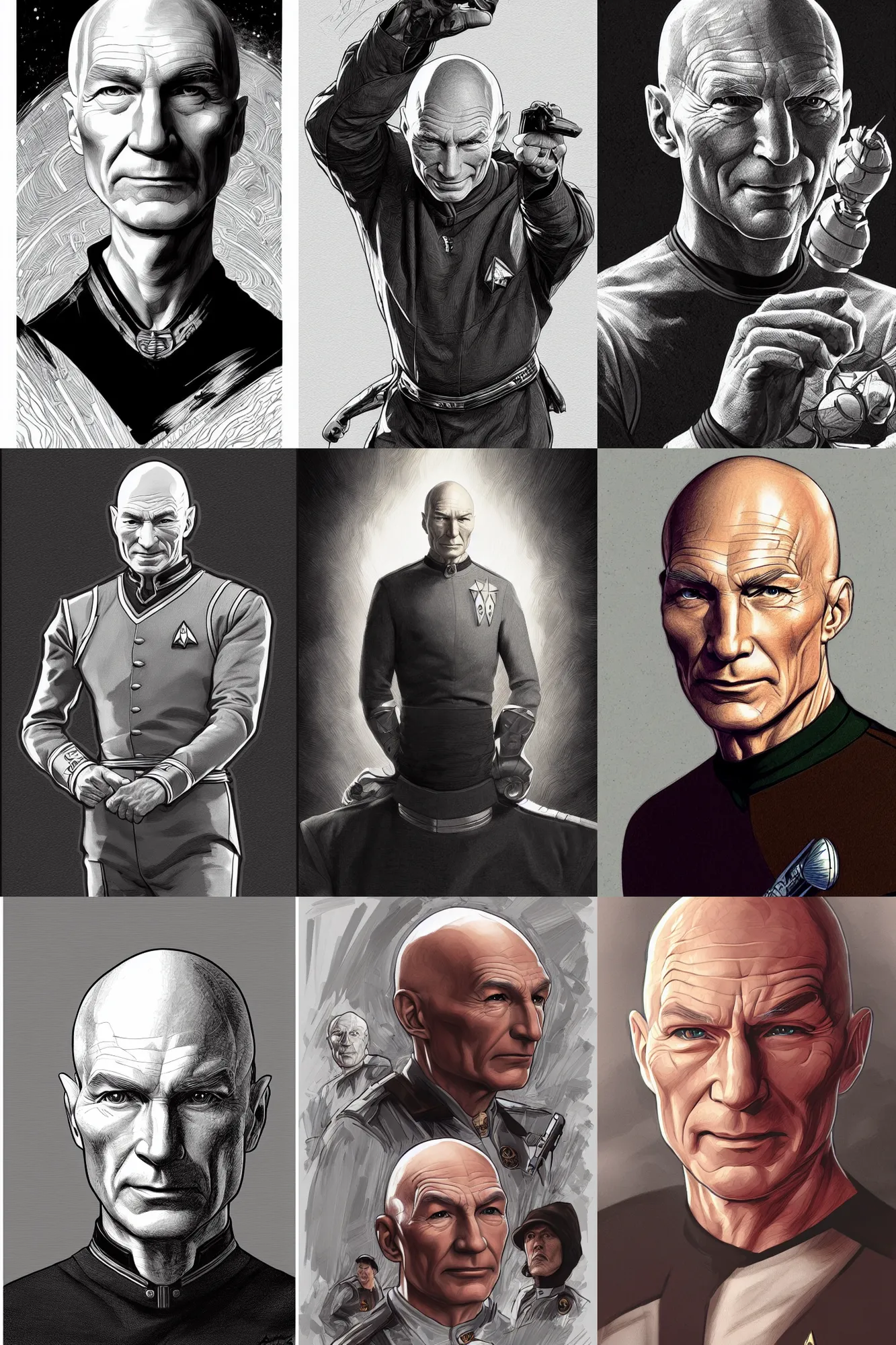 Prompt: highly-detailed pen and ink illustration Captain Picard (Star Trek: TNG), digital painting, trending on Artstation, concept art, smooth, sharp focus, illustration, in the style of artgerm and greg rutkowski and alphonse mucha