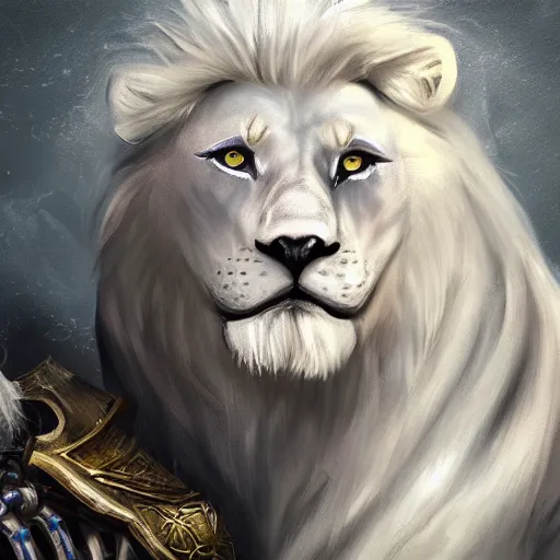 Prompt: an image of Godfrey the first Elden Lord posing with a white lion after the battle, photorealistic, trending on Artstation, digital art