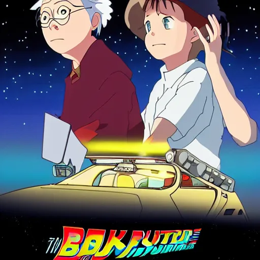 Prompt: Back to the Future made by Hayao Miyazaki, studio ghibli artstyle, night, stars, beautiful scene, smooth, detailed, high detail,high quality, 8k anime