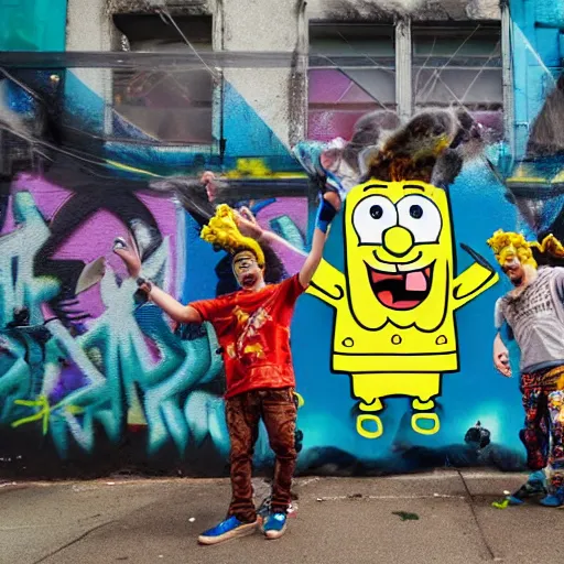 Prompt: Plastic SpongeBob and Sandy rapping, wearing rap outfits and bandanas, standing on the street, surrounded by a crowd of plastic fishes, wide angle shot, HDR, 4k, photoshop, patchwork, the earth is quaking under their feet from the music which cracks the ground, shockwaves are coming out, graffiti in the background, details faces, visible eyes, unreal engine