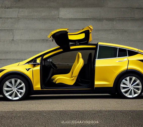 Prompt: a beautiful!!!!!!! studio photograph of a yellow-Tesla-Model-X; f/1.4; 90mm