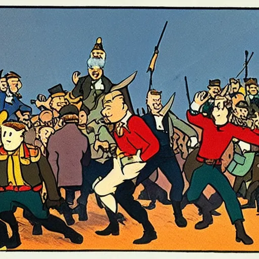 Image similar to Tintin and other revolutionaries on the barricades of Paris in 1848, The Adventures of Tintin, by Hergé, 8k