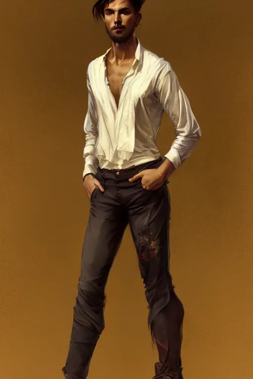 Image similar to full body portrait of a single beautiful young fit man, modern haircut, open shirt, large pants, bare feet, by greg rutkowski and alphonse mucha, d & d character, modern interior room background, highly detailed portrait, digital painting, artstation, concept art, smooth, sharp focus ilustration, artstation hq