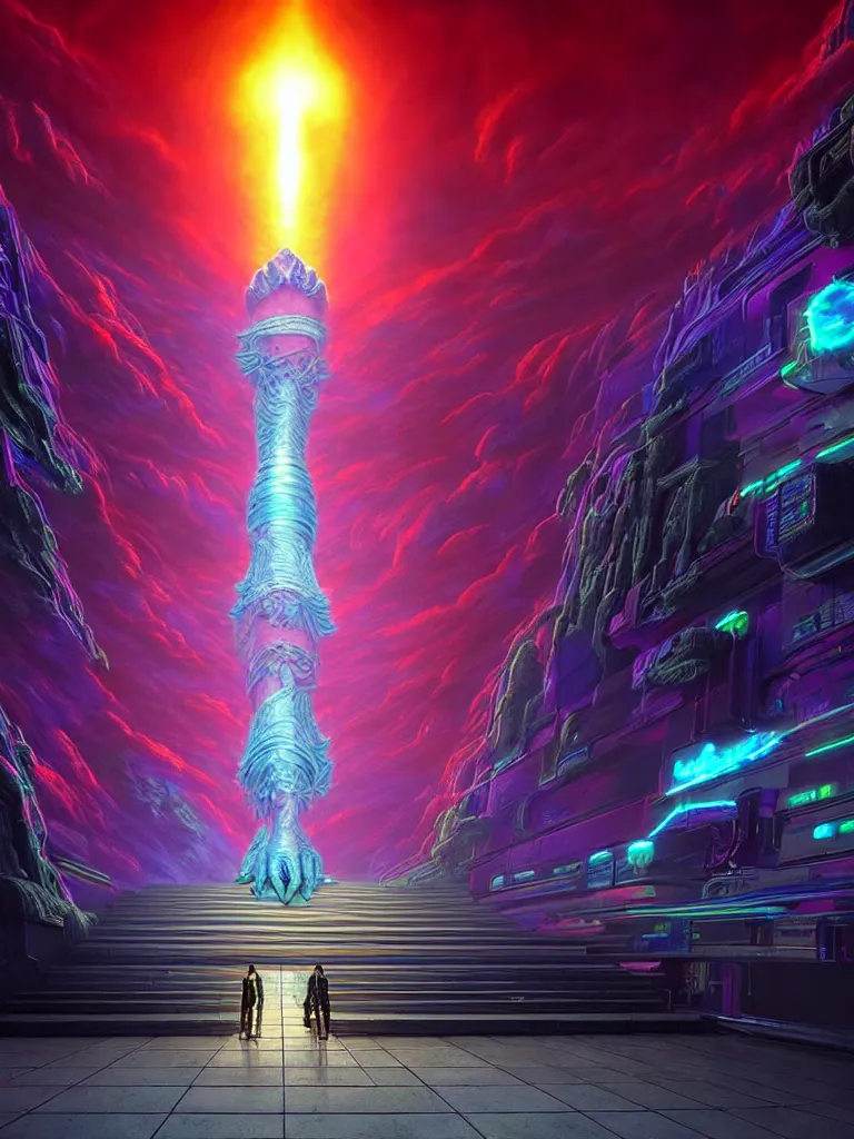 Image similar to entrance to ethereal realm, cybergod vishnu, rendered in unreal engine, central composition, symmetrical composition, dreamy colorful cyberpunk colors, 6 point perspective, fantasy landscape with anthropomorphic!!! terrain!!! in the styles of igor morski, jim warren and rob gonsalves, intricate, hyperrealistic, volumetric lighting, neon ambiance, distinct horizon