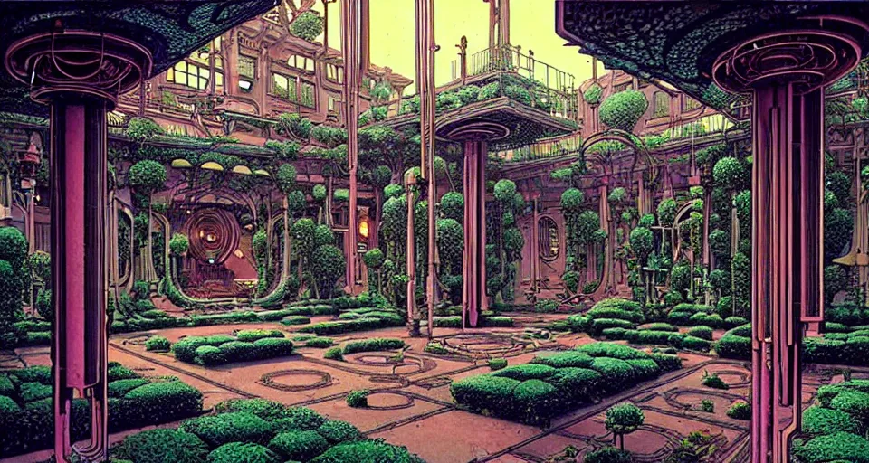 Image similar to a luxurious scifi futuristic victorian garden courtyard by killian eng, moebius, philippe druillet