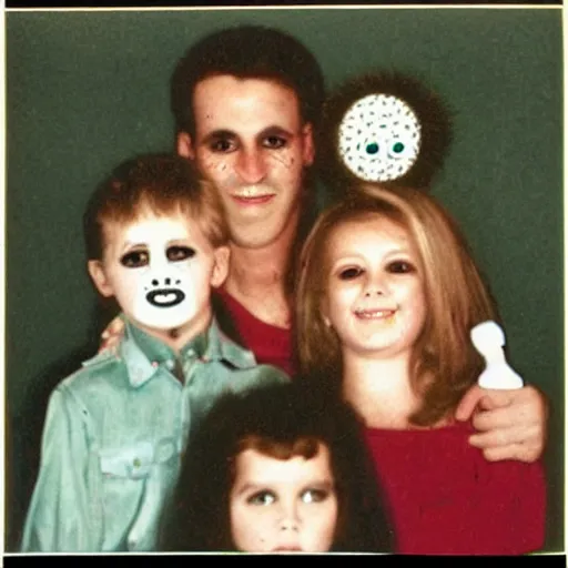 Image similar to creepy family photo, googly eyes, teeth, photo from the 80s