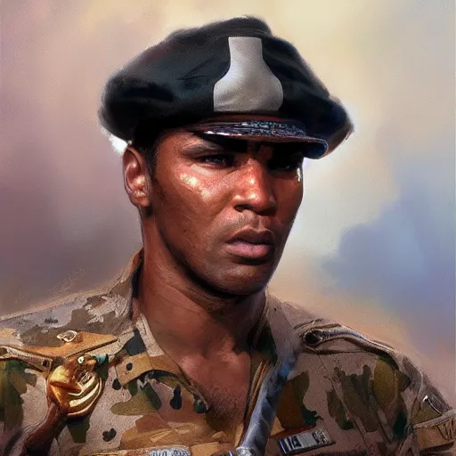 Prompt: Mohammed Ali as a soldier, closeup character art by Donato Giancola, Craig Mullins, digital art, trending on artstation