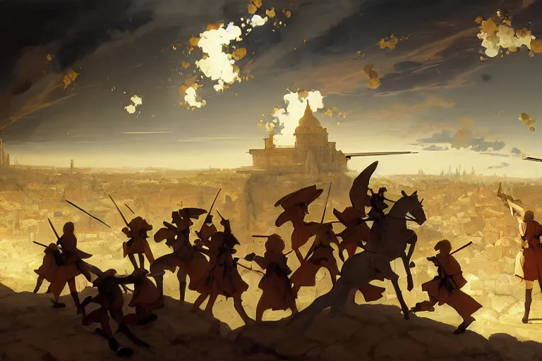 Image similar to baroque oil painting of key visual environment concept art of anime maids fighting a crusade in jerusalem, brutalist, dark fantasy, rule of thirds golden ratio, fake detail, trending pixiv fanbox, acrylic palette knife, style of makoto shinkai studio ghibli genshin impact jamie wyeth james gilleard greg rutkowski chiho aoshima