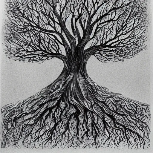 Prompt: dark trees illustration, dark fantasy, black ink on white paper, sketched 4k