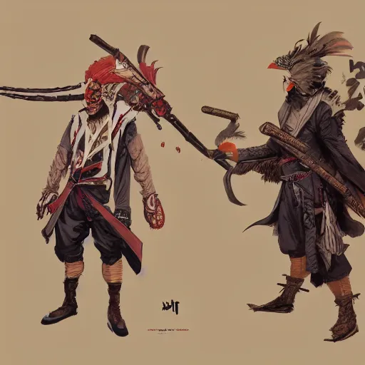 Prompt: concept art of an asian assassin man dressed as a chicken, the chicken man, man dressed as a chicken, highly detailed painting by dustin nguyen, akihiko yoshida, greg tocchini, greg rutkowski, cliff chiang, 4 k resolution, trending on artstation, 8 k, man dressed as a chicken