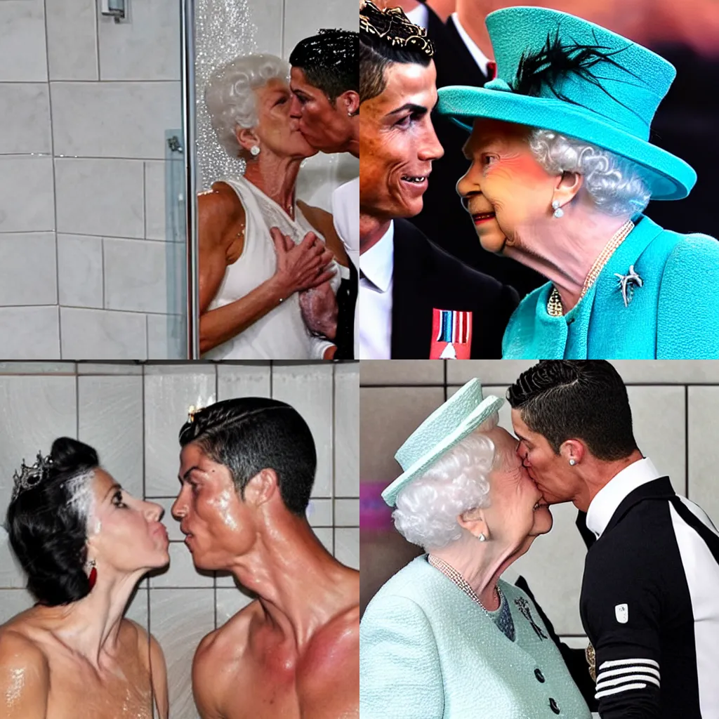 Prompt: Cristiano Ronaldo and Queen Elizabeth kissing in the shower