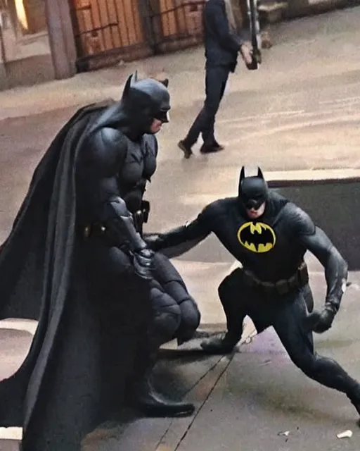 Prompt: Batman caught beating up a random guy in Gotham, secuirty cam footage, low quality footage, leaked footage, viral on instagram, viral on twitter, snapchat photo