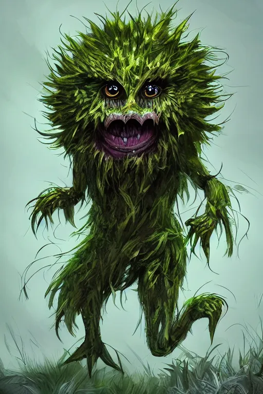 Image similar to a humanoid figure dandelion moss plant monster thistle armour, large eyes and menacing smile, highly detailed, digital art, sharp focus, trending on art station, anime art style