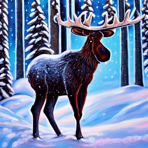 Prompt: cute fluffy moose standing in snowy winter forest landscape detailed painting 4k