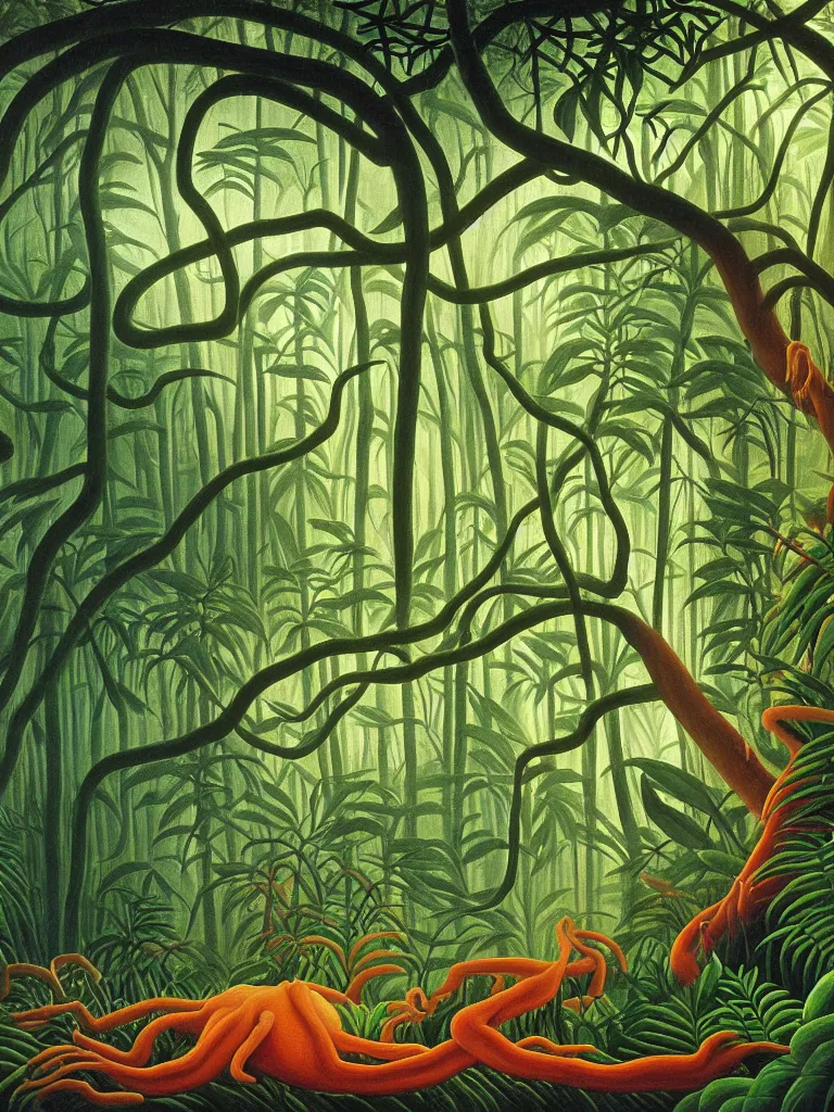 Image similar to A beautiful painting of a foreboding atmosphere inside the lush Malaysian jungle, dense exotic rainforest flora and fauna where time seems to stand still, creeping tree vines that looks like bloody entrails, tree roots like severed limbs by Martin Johnson Heade, Hiroshi Sugimoto, Henri Rousseau, medium close up shot, wide angle lens, photo realistic, anaglyph filter, cinematic mood lighting, National Geographic photograph, cinematography of Apocalypse Now (1977), trending on Art Station.