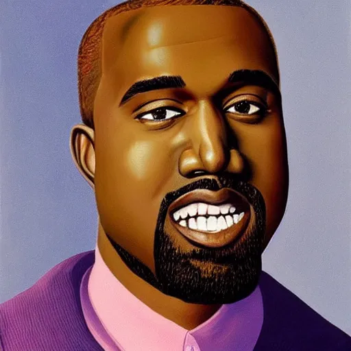 Prompt: beautiful portrait of kanye west smiling. painted by rene magritte, 1 9 2 7. oil on canvas.