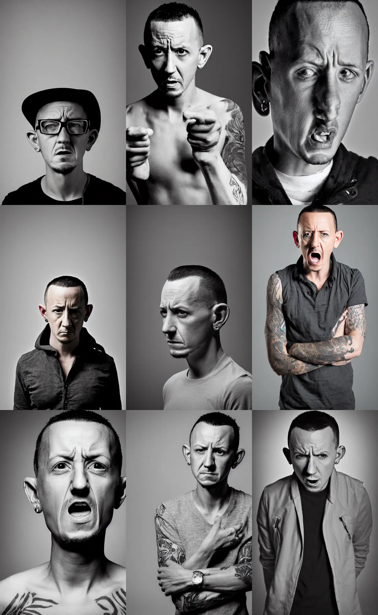 Prompt: A portrait of of Chester Bennington, low light, studio lighting, angry expression,